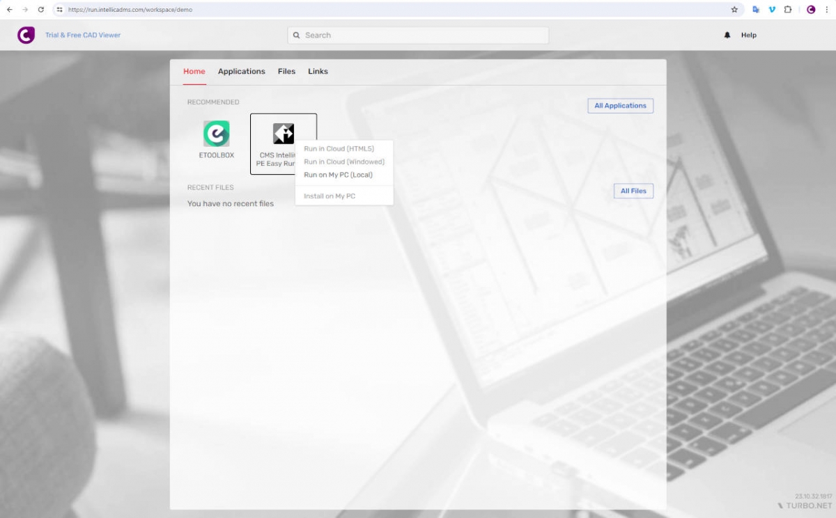 CMS IntelliCAD PE EASY RUN EDUCATION - portal interface